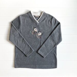 Croft & Barrow Gray V-Neck Sweater with Bird Embroidery